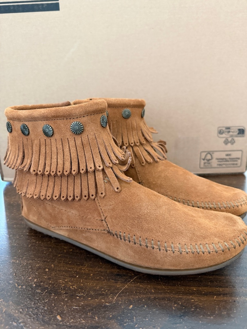 Minnetonka Hardsole Suede Fringe Boots Brown Boho Western Moccasins size 9 10 - Picture 3 of 10